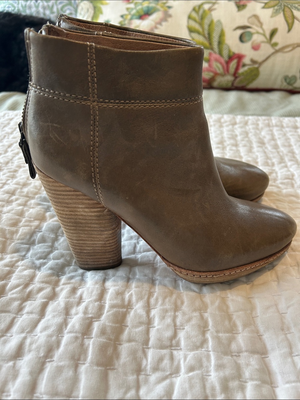 Modern Vintage Taupe Leather Stacked Heel Ankle Boots